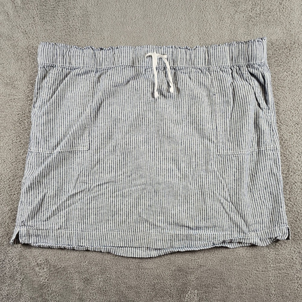 Dash Blue White Striped Linen Blend Mini Skirt‎ 2X Elastic Waist Pockets